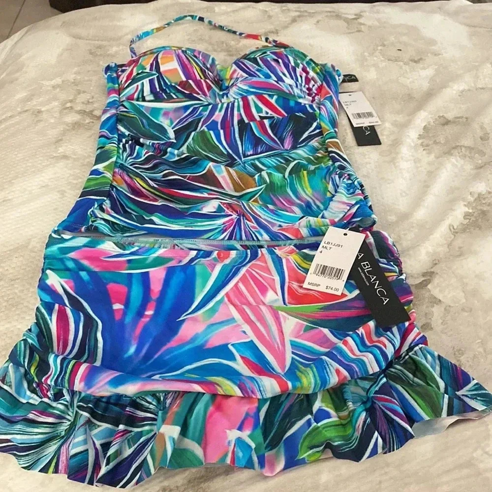 La Blanca Palm Opulence Twist Bandini Top & Skirted Ruffle Hipster Bikini Bottom - Picture 8 of 10
